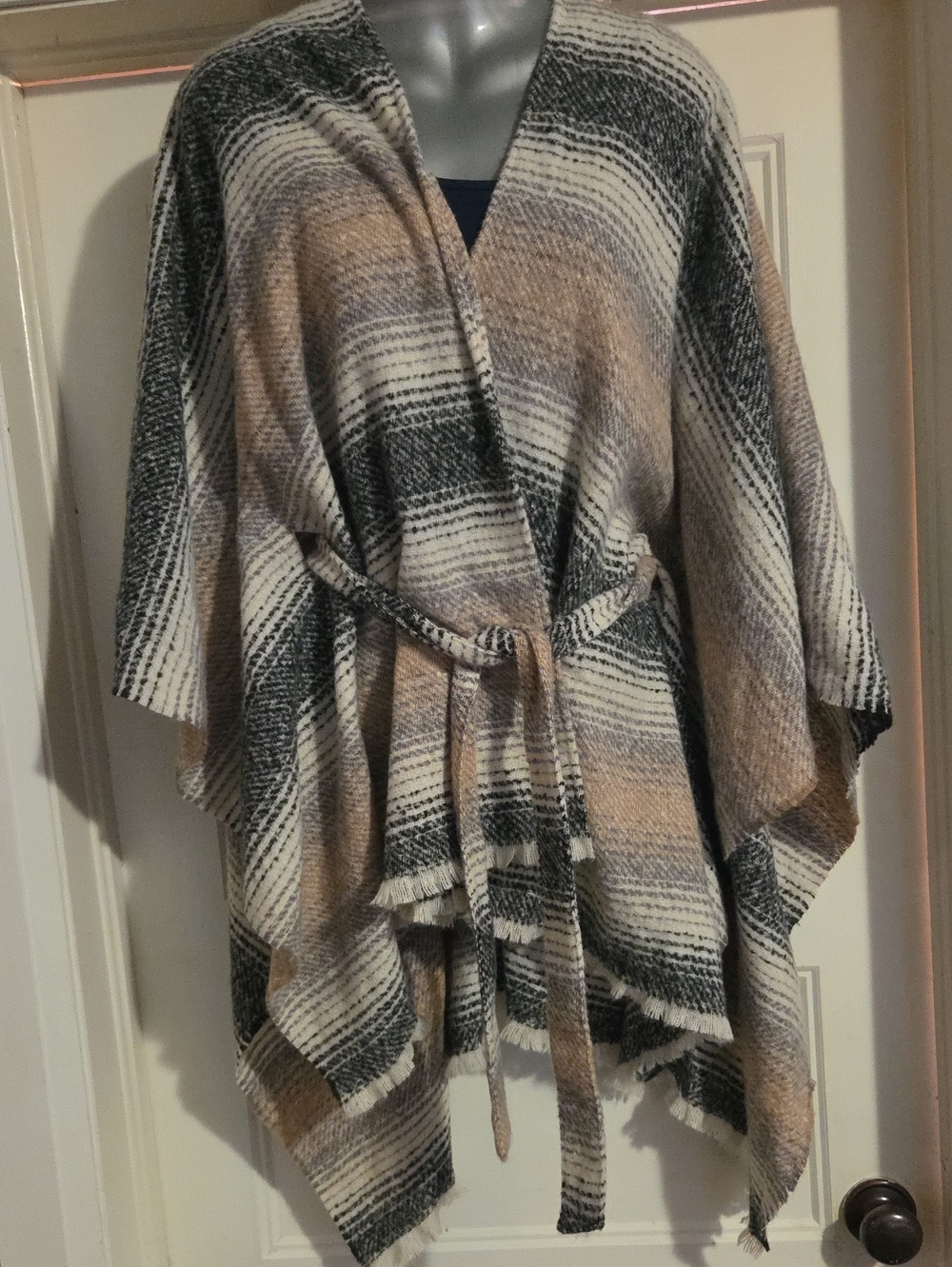 Striped Belted Wrap Sweater in Beige, Black and Cream No Brand Or Size